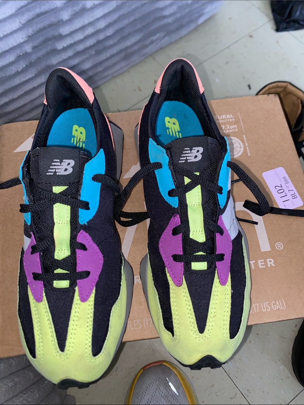 New Balance 327 Multicolor Athletic Sneakers in Neon Yellow, Teal, Purple, m6 w8